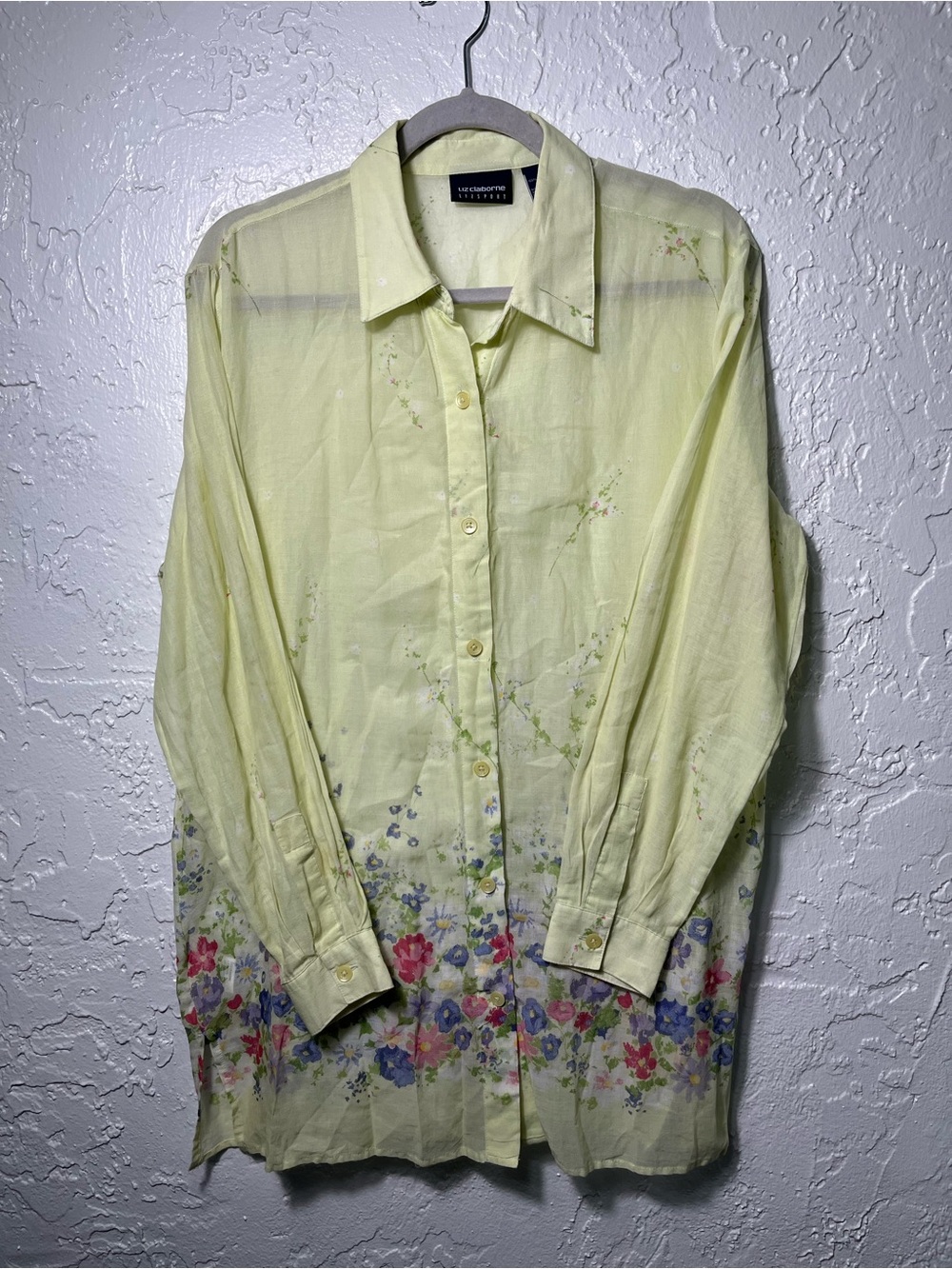 Liz Claiborne LizSport Floral Button Up Blouse Cottagecore Sheer Cotton Size L